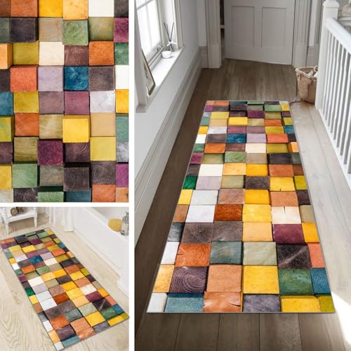 Poaegle Teppich Läufer Flur Bunt Lang rutschfest KücheLäufer Holzmaserung Waschbar Schlafzimmer Teppich Läufer 110x250cm Dauerhaft Läuferteppich FlurLäufer Korridor Meterware von Poaegle
