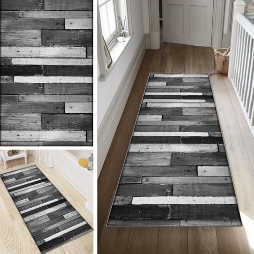 Poaegle Teppich Läufer Flur Grau Lang rutschfest KücheLäufer Holzmaserung Waschbar Schlafzimmer Teppich Läufer 40x60cm Dauerhaft Läuferteppich FlurLäufer Korridor Meterware von Poaegle