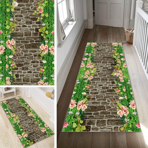 Poaegle Teppich Läufer Flur Grün Lang rutschfest KücheLäufer Holzmaserung Waschbar Schlafzimmer Bunt Teppich Läufer 40x100cm Dauerhaft Läuferteppich FlurLäufer Korridor Meterware von Poaegle