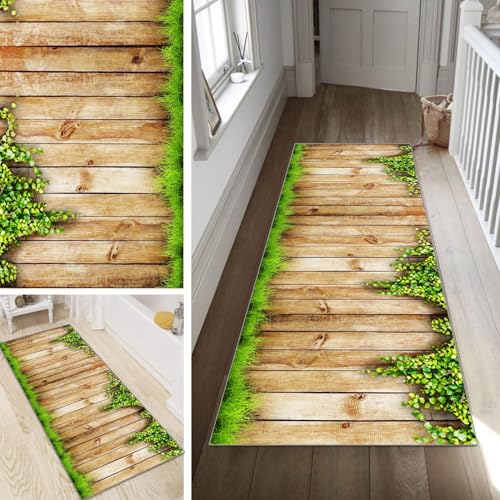 Poaegle Teppich Läufer Flur Grün Lang rutschfest KücheLäufer Holzmaserung Waschbar Schlafzimmer Bunt Teppich Läufer 50x250cm Dauerhaft Läuferteppich FlurLäufer Korridor Meterware von Poaegle
