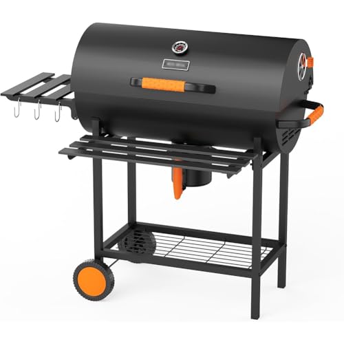 Pobbycrafm Holzkohlegrills, Tragbarer Camping Grill mit Deckel, Rädern, Thermometer und Rotisserie Mobiler Grillwagen für Outdoor Garten Party Picknick, Schwarz von Pobbycrafm