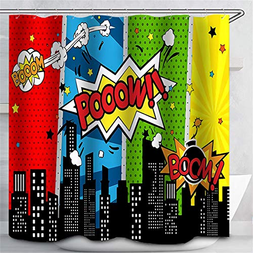 Duschvorhang, Motiv: Superhelden-Stadt-Wars-Explosion, wasserdicht, bunt, lustig, mit 12 Haken, 183 x 183 cm von PocaBlife