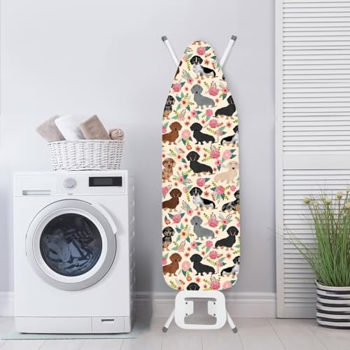 Poceacles Bügelbrettbezug mit Dackel-Motiv, Blumenmuster, mit Polsterung, Bügelbrettbezug mit elastischem Rand, schmutzabweisender Bügelbrett-Ersatzbezug, XL von Poceacles