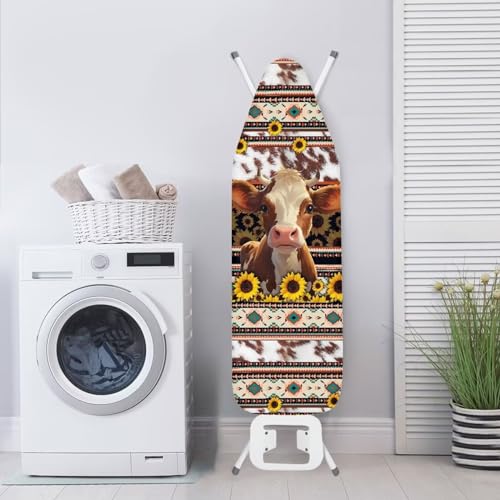 Poceacles Bügelbrettbezug mit aztekischem Kuh-Design mit elastischem Rand, fleckenabweisend, dicke Polsterung, Klettverschlüsse, Sonnenblume, waschbar, Größe XXL von Poceacles