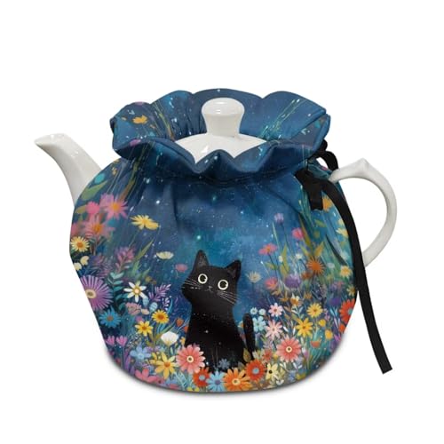 Poceacles Teekanne, gemütlicher Wasserkocherbezug, isoliert, gemütlich, Teekannen-Abdeckung, waschbar, Topflömer, dekoratives Zubehör für Küchentisch, schwarze Katze, Gänseblümchen, Blumen, blaue Poceacles Teekanne, gemütlicher Wasserkocherbezug, isoliert, gemütlich, Teekannen-Abdeckung, waschbar, Topflömer, dekoratives Zubehör für Küchentisch, schwarze Katze, Gänseblümchen, Blumen, blaue von Poceacles