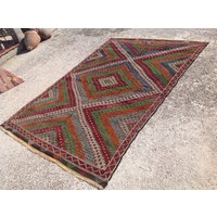 Kelim Teppich, Muted Orange Und Blau Bestickt 110 "x 75", Vintage Boho Teppiche, 283x von PocoVintage