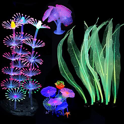 Podazz Leuchtende Aquariumdekoration Korallenpflanze Ornament Leuchteffekt Silikon künstliche Dekoration für Aquarium, Aquarium Landschaft (Silikon, Leuchtendes Lotus 4-teilig) von Podazz