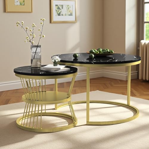 2er Set Beistelltische, rund, Beistelltisch mit Stauraum, Sofatisch, Wohnzimmer, Metallstruktur, für Wohnzimmer, Schlafzimmer, Balkon (Schwarz) von Poeahu