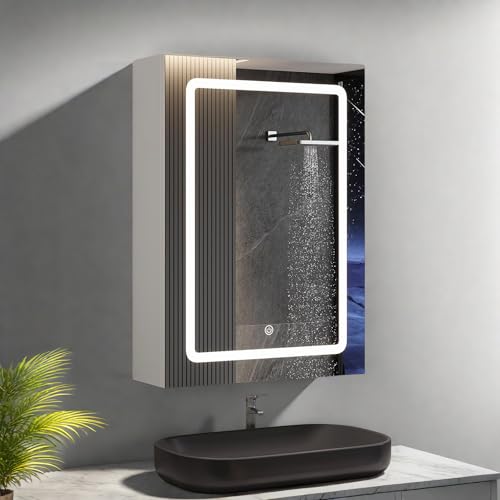 Badezimmerschrank mit Spiegel und LED-Beleuchtung, einfache Tür, 70 x 14 x 50 cm, Spiegelschrank mit verstellbarem Regal, Farbtemperatur verstellbar, Schalter mit Touch-Sensor, Weiß von Poeahu