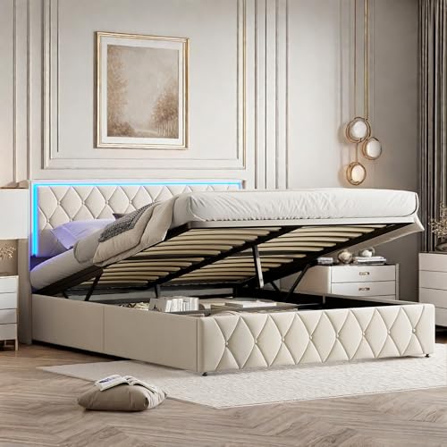 Bettkasten, 140 x 200 cm, mit LED und USB-Anschlüssen, gepolstertes Bett mit hydraulischer Aufbewahrung, Doppelbett mit Lattenrost, für Jugendliche, Erwachsene, ohne Matratze, Samt, Beige Bettkasten, 140 x 200 cm, mit LED und USB-Anschlüssen, gepolstertes Bett mit hydraulischer Aufbewahrung, Doppelbett mit Lattenrost, für Jugendliche, Erwachsene, ohne Matratze, Samt, Beige von Poeahu