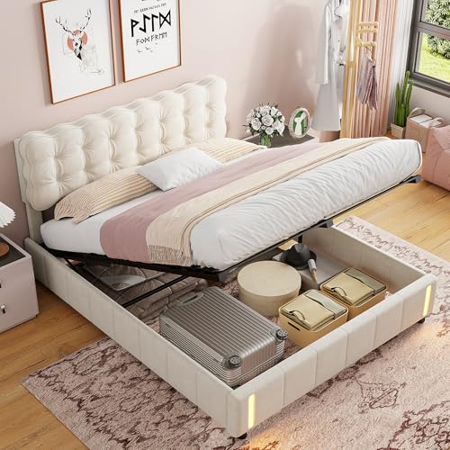 Doppelbett, gepolstert, 160 x 200 cm, Boxspringbett, hydraulisch mit Stauraum und Lattenrost, Bett mit LED, für Erwachsene, Jugendliche, einfach zu montieren, Samt, Beige, ohne Matratze (160 x 200 cm) Doppelbett, gepolstert, 160 x 200 cm, Boxspringbett, hydraulisch mit Stauraum und Lattenrost, Bett mit LED, für Erwachsene, Jugendliche, einfach zu montieren, Samt, Beige, ohne Matratze (160 x 200 cm) von Poeahu