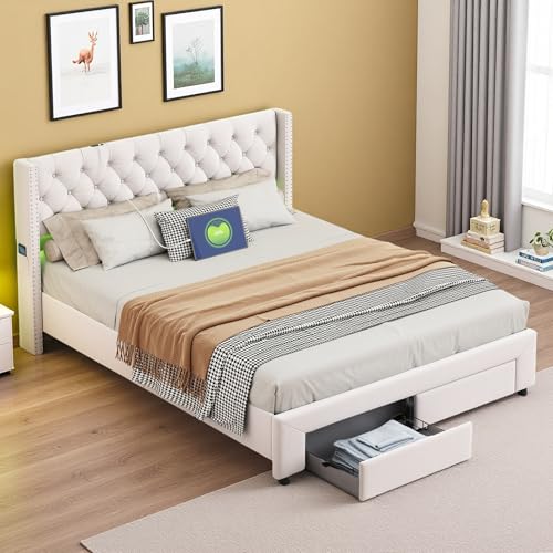 Doppelbett 140x190 cm, Polsterbett mit 2 schubladen, Bett mit Stauraum, Funktionsbett mit LED und USB-Ladeanschluss, Bettgestell mit Lattenrost, Jugendbett, Samt, Beige,Ohne Matratze (140x190cm) von Poeahu