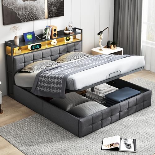 Doppelbett 140x200 cm, Hydraulisch Stauraumbett mit Großer Stauraum, Polsterbett Stauraum-Kopfteil Bett mit USB und LED, Funktionsbett Bettgestell mit Lattenrost, Ohne Matratze von Poeahu