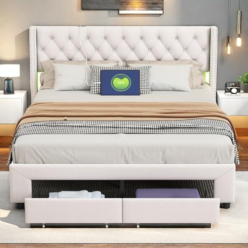 Doppelbett 160x200 cm, Polsterbett mit 2 schubladen, Bett mit Stauraum, Funktionsbett mit LED und USB-Ladeanschluss, Bettgestell mit Lattenrost, Jugendbett, Samt, Beige,Ohne Matratze (160x200cm) von Poeahu