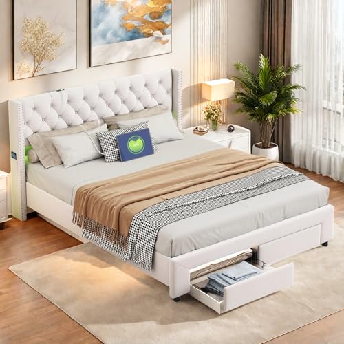 Doppelbett 180x200 cm, Polsterbett mit 2 schubladen, Bett mit Stauraum, Funktionsbett mit LED und USB-Ladeanschluss, Bettgestell mit Lattenrost, Jugendbett, Samt, Beige,Ohne Matratze (180x200cm) von Poeahu