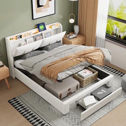 Hydraulisch Stauraumbett, Polsterbett 140x200cm Doppelbett mit Stauraum und Schubladen, Funktionsbett mit LED und USB, Bettgestell mit Lattenrost, Jugendbett, Samt, Beige, Ohne Matratze (140x200cm) von Poeahu