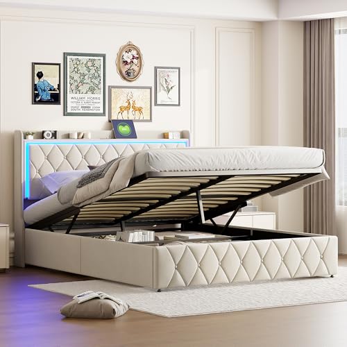 Hydraulisch Stauraumbett 160x200cm, Polsterbett Doppelbett mit LED, Bettgestell mit Lattenrost, Bett mit USB-Ladefunktion, Jugendbett, Funktionsbett, Samt, Beige, ohne Matrat (160x200cm) von Poeahu