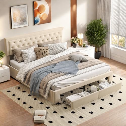 Hydraulischbett mit 2 Schubladen, Bett mit Stauraum, Polsterbett Doppelbett 180x200 cm Bettgestell mit Lattenrost, Jugendbett mit Rückenlehne, Samt, Beige, Ohne Matratze (Beige, 180x200) von Poeahu