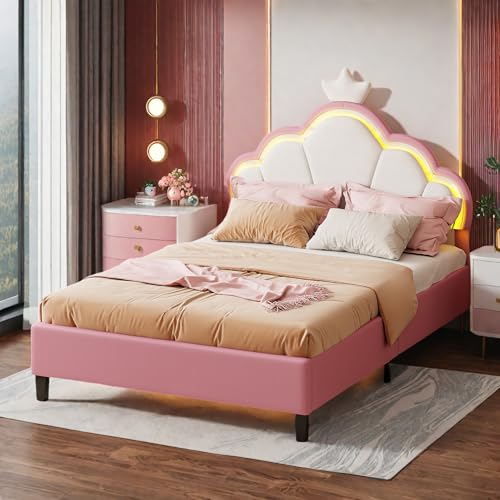 Kinderbett 90 x 200 cm mit LED und verstellbarem Kopfteil, Mädchenbett mit Kronenkopf, Rahmen mit Lattenrost, Metallbeine, ohne Matratze, Samt, Rosa Kinderbett 90 x 200 cm mit LED und verstellbarem Kopfteil, Mädchenbett mit Kronenkopf, Rahmen mit Lattenrost, Metallbeine, ohne Matratze, Samt, Rosa von Poeahu