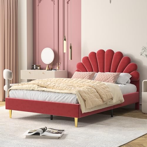 Kinderbett für Mädchen, 140 x 200 cm, Doppelbett, gepolstert, mit Lattenrost und Kopfteil, mit Blütenblättern, Prinzessin, Mädchen, für Kinder und Jugendliche, Samt, Beige (Bohnenrot) von Poeahu