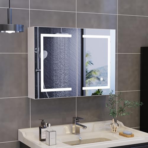 Poeahu Badspiegelschrank mit Beleuchtung 80x60cm Badezimmerschrank mit Spiegel und Verstellbarem Regal Aufbewahrungs Badschrank Hängeschrank mit 3 Farbtemperatur Dimmbare und Sensorschalter von Poeahu