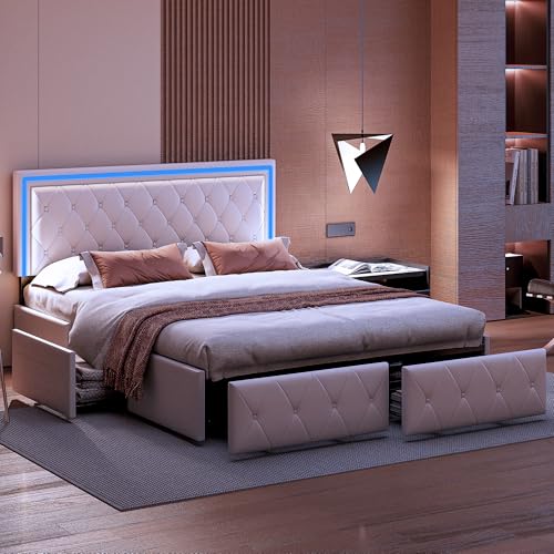 Poeahu Bett 140 x 200 cm mit Lattenrost, gepolstertes Doppelbett mit 4 Schubladen und verstellbarem Kopfteil, Bettgestell mit LED, Doppelbett mit Stauraum, PU, Beige (ohne Matratze) von Poeahu