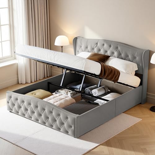 Poeahu Bett mit Bettkasten, 140 x 200 cm, Doppelbett, 140 x 200 cm, mit Lattenrost, gepolstertes Bett mit Kopfteil, Nietendesign, Samtstoff, für Jugendliche und Erwachsene, ohne Matratze, grau Poeahu Bett mit Bettkasten, 140 x 200 cm, Doppelbett, 140 x 200 cm, mit Lattenrost, gepolstertes Bett mit Kopfteil, Nietendesign, Samtstoff, für Jugendliche und Erwachsene, ohne Matratze, grau von Poeahu