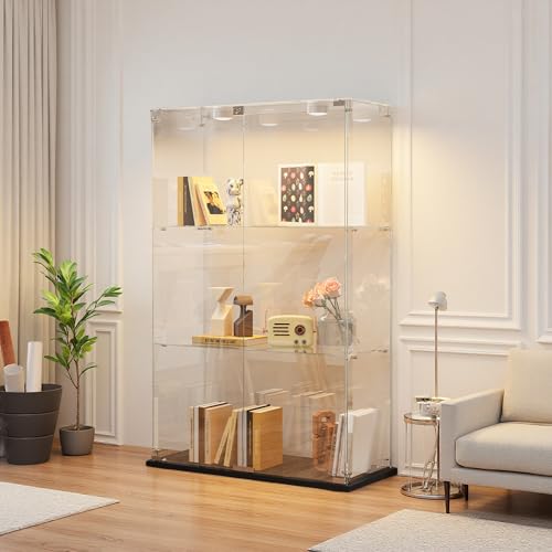 Poeahu Glasvitrine, Schrank für Sammlung, Standvitrine Glas mit 2 Türen, Smart Vitrinenschrank,Sammlervitrine, 3-Lagen Vitrine Staubdicht für Wohnzimmer Schlafzimmer Büro (Schwarz, Licht) von Poeahu