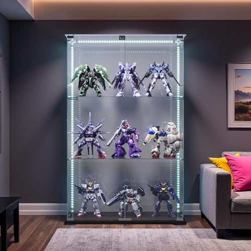 Poeahu Glasvitrine Standvitrine in Schwarz, 78.5x35x123.3 cm, Modern Glas Vitrine mit LED-Leuchten, Stehend Schrank für Sammlung mit 2 Türen 3 Regalen, Für Wohnzimmer Schlafzimmer Büro von Poeahu