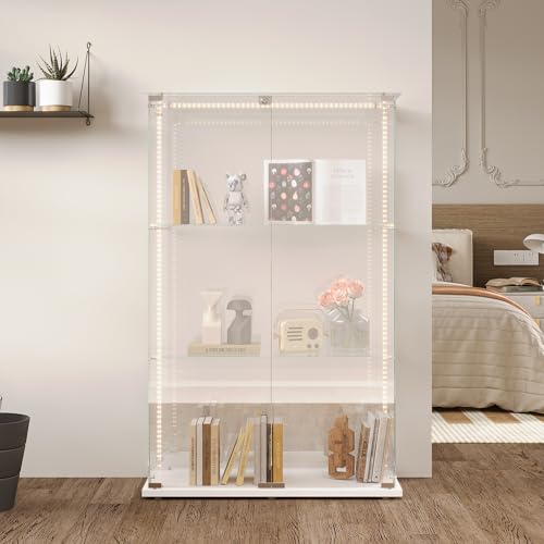 Poeahu Glasvitrine Standvitrine in Weiß, 78.5x35x123.3 cm, Modern Glas Vitrine mit LED-Leuchten, Stehend Schrank für Sammlung mit 2 Türen 3 Regalen, Für Wohnzimmer Schlafzimmer Büro (Weiß) von Poeahu