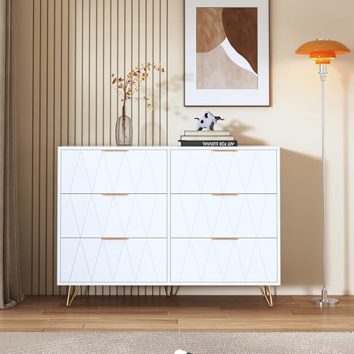 Poeahu Kommode mit 6 Schubladen, weiß, Schlafzimmerkommode 100 cm, Schubladenschrank AVCE, goldene Füße, goldene Griffe, Design mit Diamantstreifen, 100 x 34 x 72,5 cm (weiß, 100 cm) von Poeahu