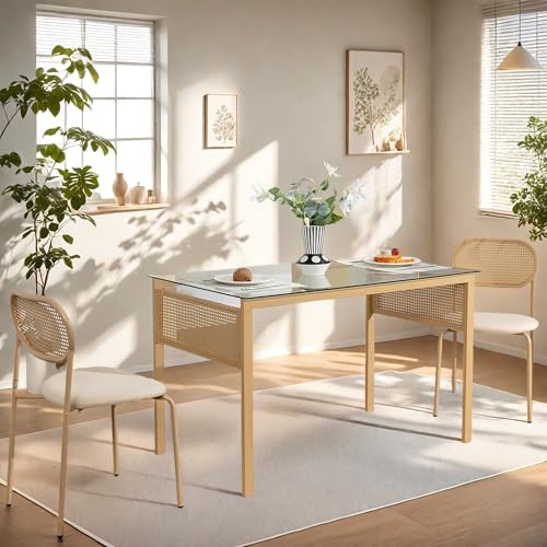 Poeahu Rattan Esszimmerstühle Gepolstert Armlos, Moderner Küchenstuhl mit Rückenlehne, Cane Küchenstuhl, Akzentstühle mit Holzfarbe Metallbeinen für Esszimmer, Wohnzimmer, Schlafzimmer von Poeahu