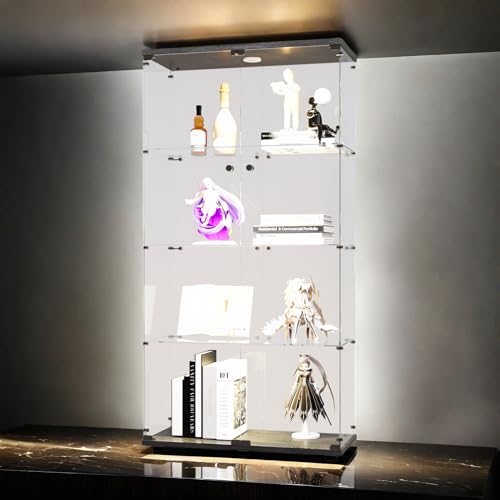 Poeahu Vitrine aus Glas, Standvitrine mit Schloss und LED-Beleuchtung, Schrank für Sammlung mit 2 Türen 4 Regalen transparent Möbel Vitrine für Wohnzimmer, Schlafzimmer, Büro, Schwarz von Poeahu