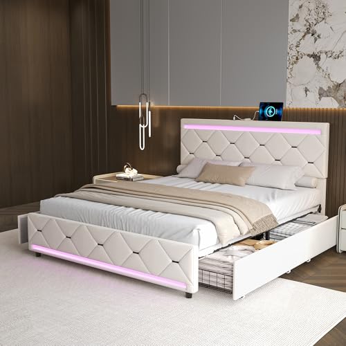 Polsterbett 140x190 cm mit Stauraum, Doppelbett mit 4 Schubladen, Jugendbett mit LED und USB, Stauraumbetten Funktionsbett Bettgestell mit Lattenrost, Samt, Ohne Matratze (Beige, 140 x 190 cm) von Poeahu