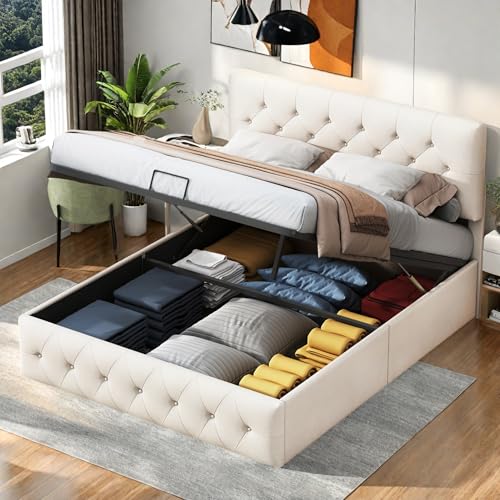 Polsterbett 140x200cm, Doppelbett mit Stauraum, Kopfteil Höhenverstellbar, Hydraulisch Bett mit Lattenrost, Jugendbett mit Rückenlehne, Modernes Bettgestell, Samt, Beige, Ohne Matratze (140 x 200 cm) von Poeahu