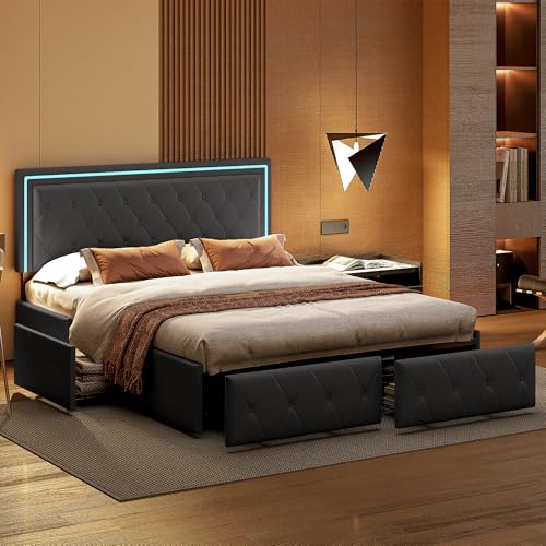 Polsterbett 160 x 200 cm, LED Doppelbett mit 4 Schubladen und Höhenverstellbarem Kopfteil, Stauraumbetten Funktionsbett Bettgestell mit Lattenrost und Stauraum, PU, Ohne Matratze von Poeahu