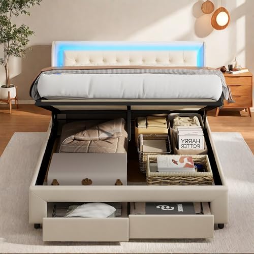 Polsterbett 160 x 200 cm mit LED-Beleuchtung, Doppelbett mit Stauraum Kasten und 2 Schubladen, Jugendbett mit Hydraulisches Metallrahmen Bettgestell, Samtstoff, Ohne Matratze, Beige (160 x 200) von Poeahu