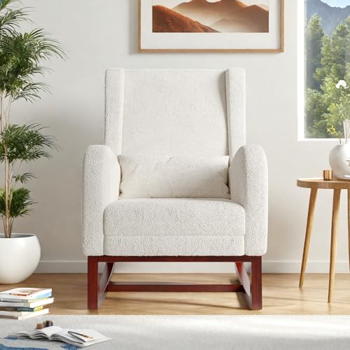 Schaukelstuhl, gepolsterter Schaukelstuhl, skandinavischer Schaukelstuhl mit Holzbasis, Schaukelsessel mit Sitz, Stillsessel mit Seitentasche und Armlehnen (Beige, Teddy-Samt) von Poeahu