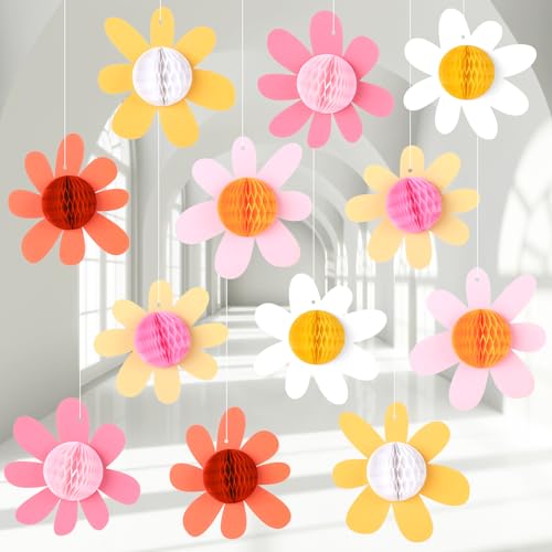 Poen 12 Stück Gänseblümchen Groovy Boho hängende Party-Dekorationen Gänseblümchen Geburtstag Party Dekorationen Sommer Retro Wabenbälle Dekor Klassenzimmer Blume Deckenkugeln für Babyparty von Poen