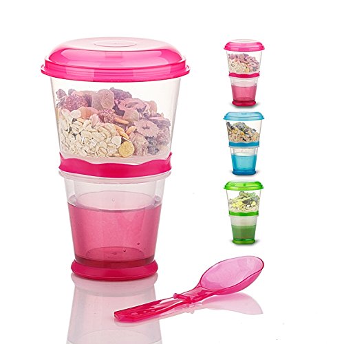 Cereal On The Go, Becherbehälter für Frühstücksgetränke, Milchbecher, tragbarer Joghurt und Reise-To-Go, Lebensmittelbehälter mit Löffel (rot) von Pogah