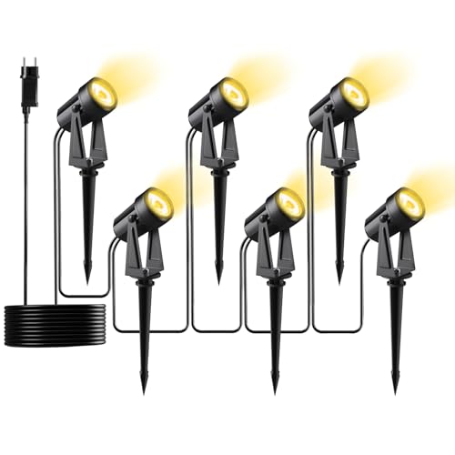 Pogestrand LED Gartenbeleuchtung mit Strom,20M/65FT 6er-1 Set,1500LM 2Wx6 Gartenstrahler 27V COB IP65 Wasserdichter Strahler Warmweiß mit Erdspieß für Außen Garten Yard von Pogestrand