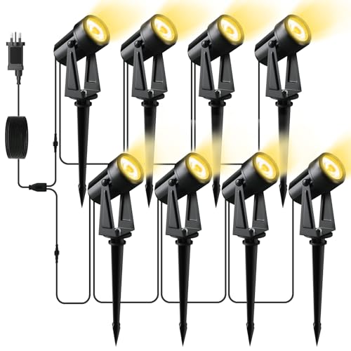 Pogestrand LED Gartenbeleuchtung mit Strom,28M/92FT 8er-1 Set,2400LM 2Wx8 Gartenstrahler 27V COB IP65 Wasserdichter Strahler Warmweiß mit Erdspieß für Außen Garten Yard von Pogestrand