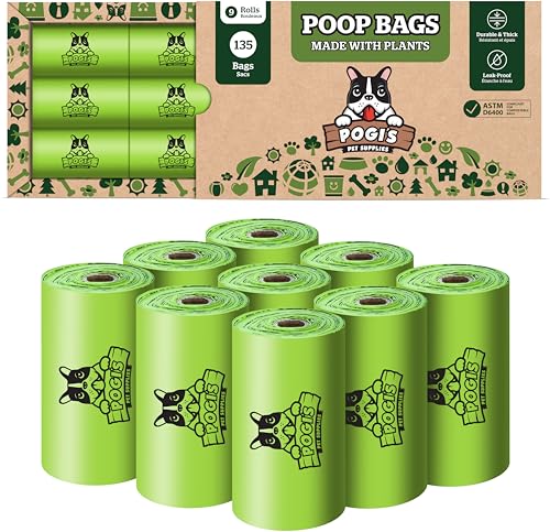 Pogi's Kompostierbare Hundekotbeutel - 9 Rollen (135 Tüten) - Auslaufsicher, auf pflanzlicher Basis, ASTM D6400, EN 13432 zertifizierte daheim kompostierbare von Pogi's Pet Supplies