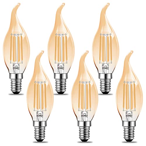 Poinivo Vintage E14 Kerze LED Glühbirne,4W Dimmbar C35 kerzenform Lampe für Kronleuchter,E14 4W Vintage Edison kerzenlampe,2700K Warmweiß,350lm E14 LED Birne,Ersatz für 35W,Dimmbar,Amber,6er Pack von Poinivo