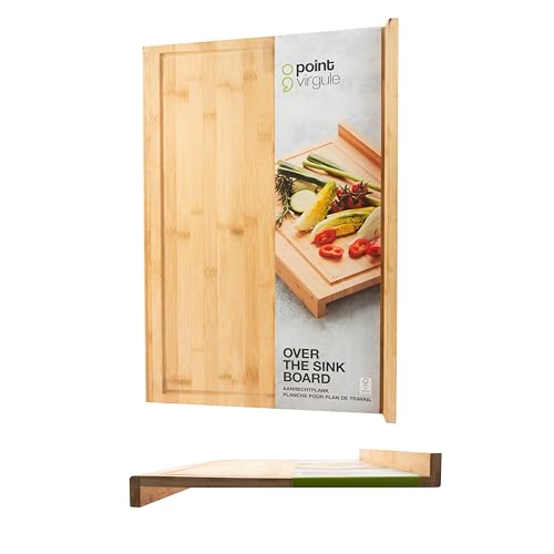 Point-Virgule Arbeitsfläche Schneidebrett mit Anschlagkante aus Holz mit Saftrille, Küche zubehör zum Brot, Fleisch, Obst und Gemüse schneiden, braun und weiß, Groß, 40x30x6,8 cm von Point-Virgule