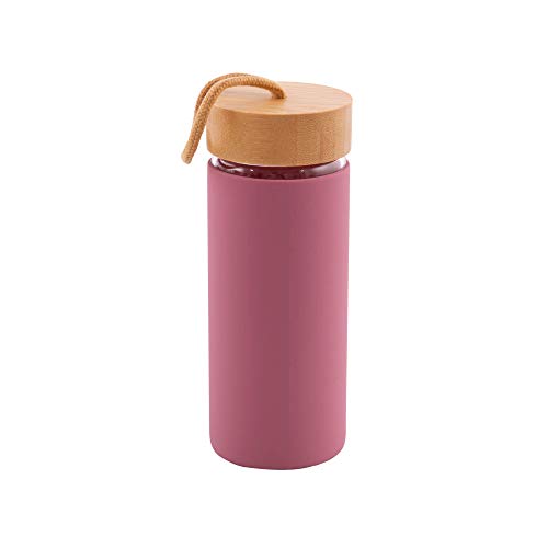 Point-Virgule Trinkflasche aus borosilikat Glas mit lecksichere Bambus-Kappe und Tragegurt, Wiederverwendbare wasserflasche fur unterwegs, 450 ml, Rosa von Point-Virgule