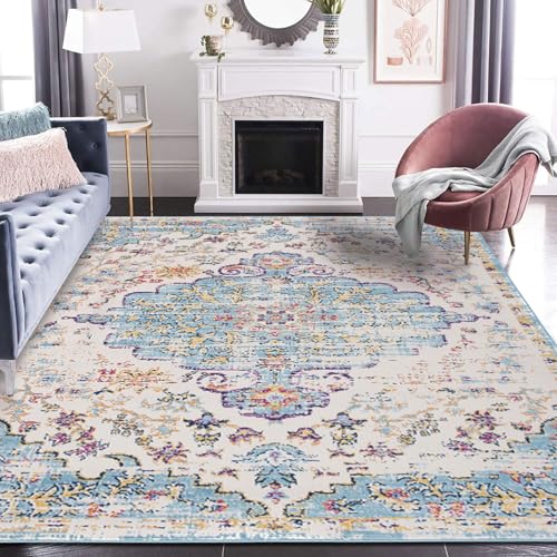 Poisrien Area Rugs Wohnzimmer 200 x 290 cm Großer Teppich Kurzflor Weicher Teppich für Schlafzimmer Anti-Rutsch-Teppiche Retro Ethno-Stil Blau Kleine Blumen von Poisrien