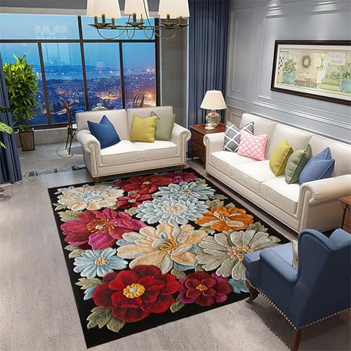Poisrien Teppich Schlafzimmer Große 200 x 300 cm, Wohnzimmer Kurzflor Teppich, Waschbar und rutschfest für Küche, Esszimmer Retro Großes Blumenmuster Schwarz Poisrien Teppich Schlafzimmer Große 200 x 300 cm, Wohnzimmer Kurzflor Teppich, Waschbar und rutschfest für Küche, Esszimmer Retro Großes Blumenmuster Schwarz von Poisrien