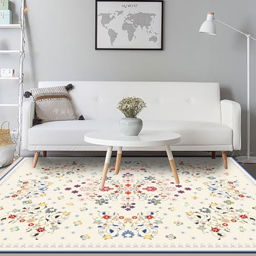 Poisrien Teppich Wohnzimmer Große 180 x 200 cm, Schlafzimmer Kurzflor Teppich, Anti-Rutsch und Waschbar für Küche, Esszimmer Retro Klein Floral Beige von Poisrien