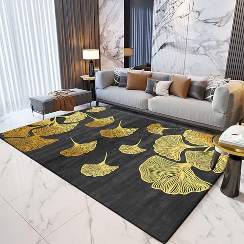 Poisrien Teppich Wohnzimmer Große 200 x 250 cm, Waschbarer Kurzflor Teppich rutschfest für Schlafzimmer, Esszimmer und Küche Retro Blätter Schwarz Gold von Poisrien